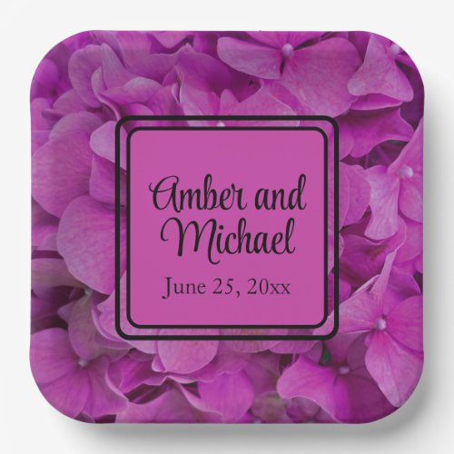 Elegant pink magenta floral hydrangeas roses  paper plates