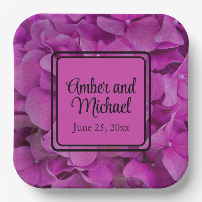 Elegant pink magenta floral hydrangeas roses  paper plates (Front)