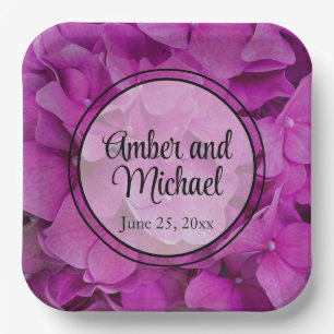 Elegant pink magenta floral hydrangeas roses paper plates