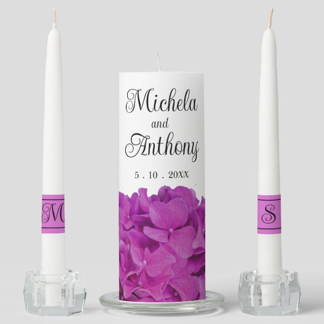 Elegant pink magenta floral hydrangeas roses  unity candle set (Front)