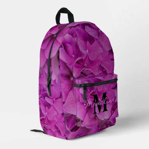 Elegant pink magenta floral monogram calligraphy printed backpack