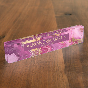 Elegant Pink Magenta Gold Glitter Office Desk Name Desk Name Plate