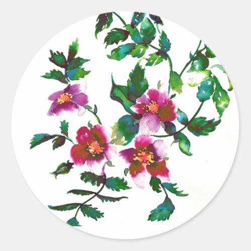 Elegant pink magenta watercolor floral roses  classic round sticker
