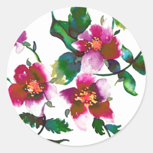 Elegant pink magenta watercolor floral roses  classic round sticker