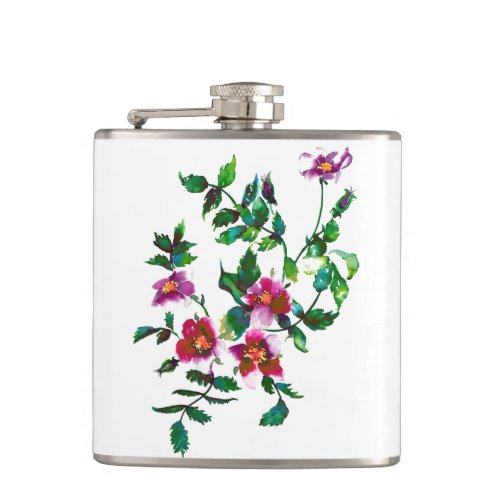 Elegant pink magenta watercolor floral roses  flask