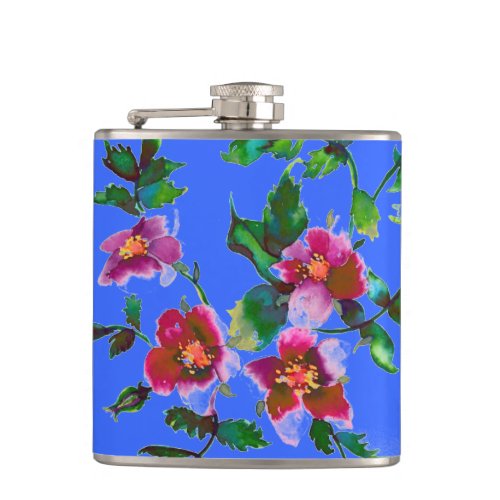 Elegant pink magenta watercolor floral roses  hip flask