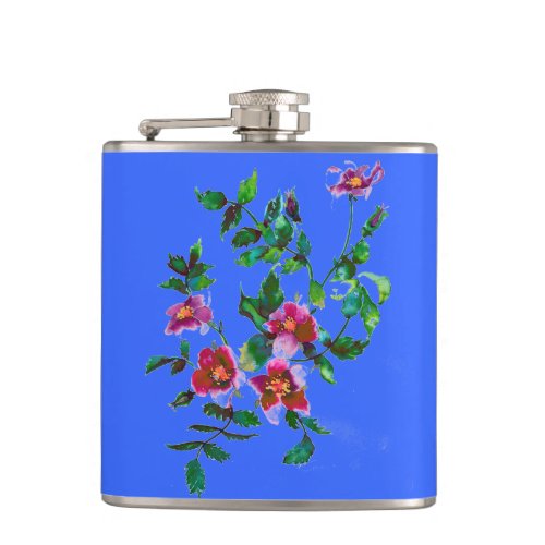 Elegant pink magenta watercolor floral roses  hip flask