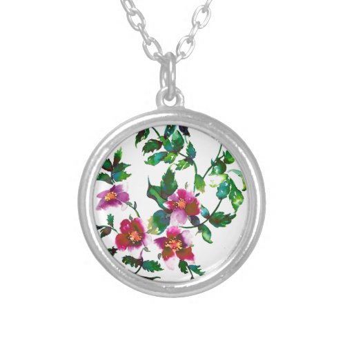 Elegant pink magenta watercolor floral roses  silver plated necklace