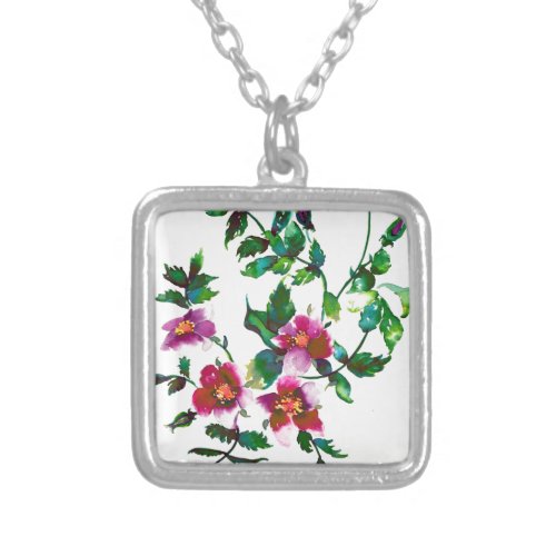 Elegant pink magenta watercolor floral roses  silver plated necklace