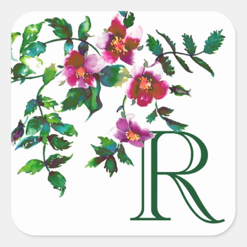 Elegant pink magenta watercolor floral roses  square sticker