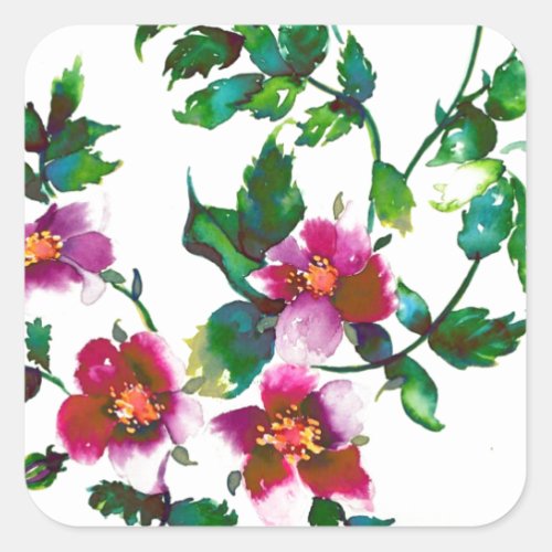 Elegant pink magenta watercolor floral roses  square sticker