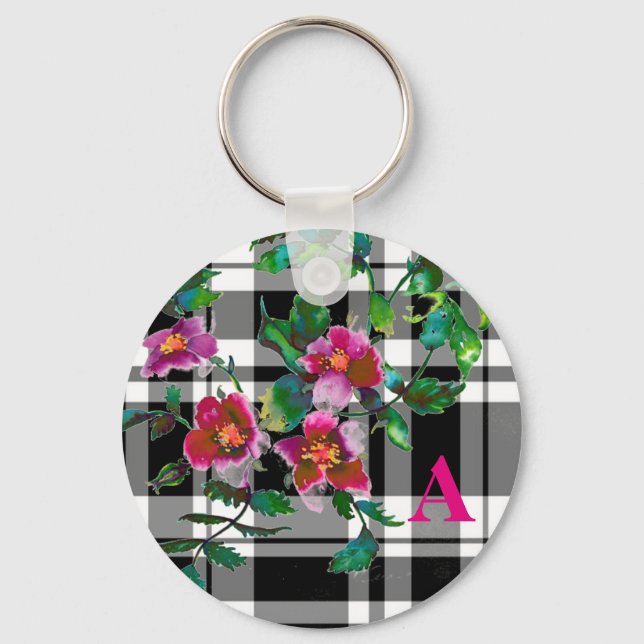 Elegant pink magenta watercolor florals roses keychain (Front)