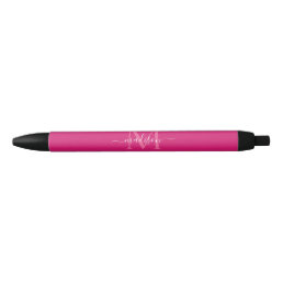 Elegant Pink Magenta White Monogram Script Name Black Ink Pen