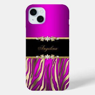 Elegant Pink Magenta Zebra Black Gold iPhone 15 Plus Case