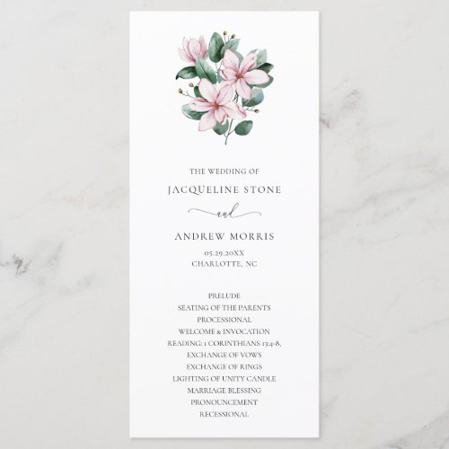 Elegant Pink Magnolia Eucalyptus Floral Wedding Program