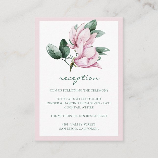 Elegant Pink Magnolia Eucalyptus Wedding Reception Enclosure Card (Front)