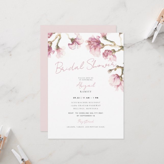 Elegant Pink Magnolia Floral Bridal Shower Invitation (Front/Back In Situ)