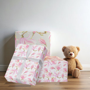 Elegant Pink Magnolia Flower Pattern Watercolor Wrapping Paper