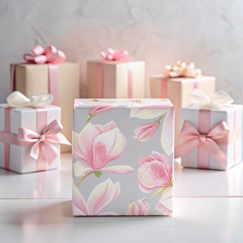 Elegant Pink Magnolia Flower Pattern Watercolor Wrapping Paper