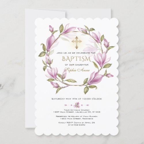 Elegant Pink Magnolia Flowers Wreath Gold Baptism Invitation