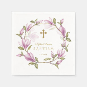 Elegant Pink Magnolia Flowers Wreath Gold Baptism Napkins