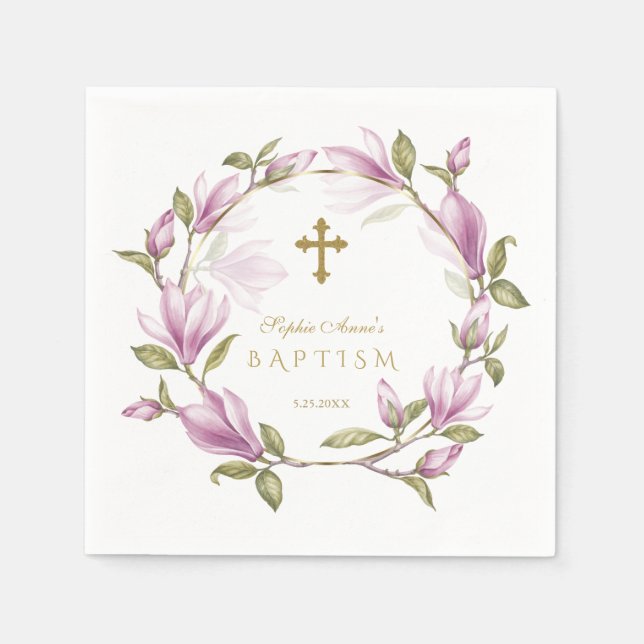Elegant Pink Magnolia Flowers Wreath Gold Baptism Napkins (Front)