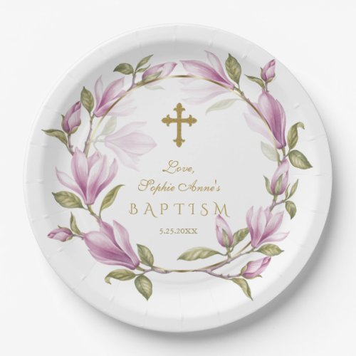 Elegant Pink Magnolia Flowers Wreath Gold Baptism Paper Plates