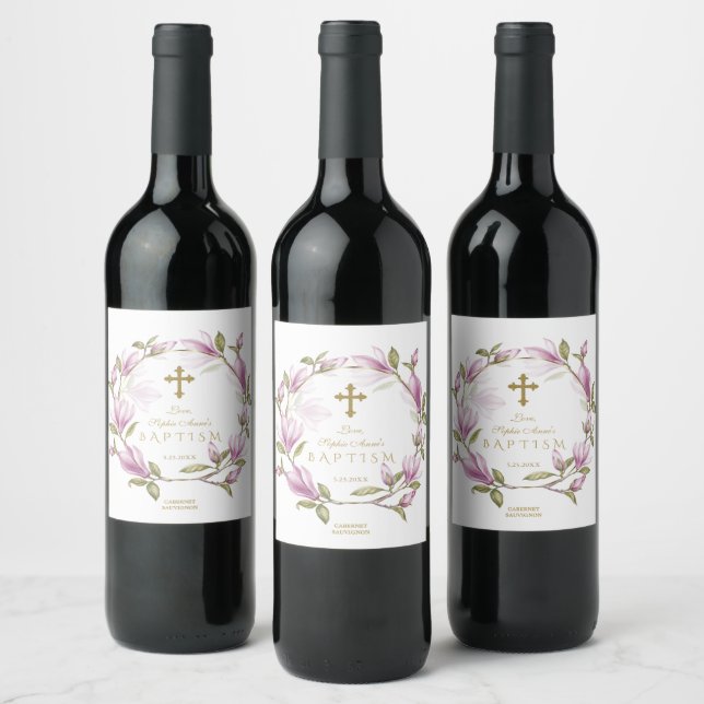 Elegant Pink Magnolia Flowers Wreath Gold Baptism Wine Label (Bottles)