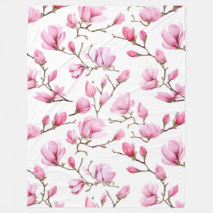 Elegant pink magnolia pattern fleece blanket