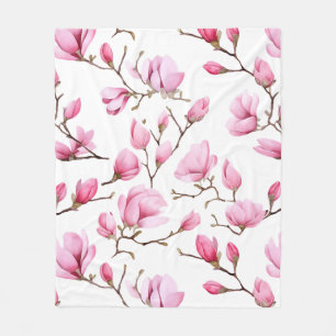 Elegant pink magnolia pattern fleece blanket