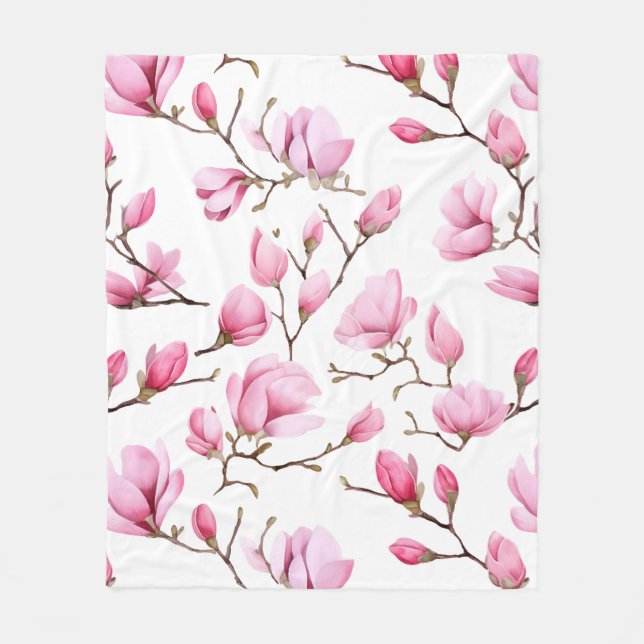 Elegant pink magnolia pattern fleece blanket (Front)
