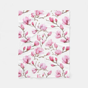 Elegant pink magnolia pattern fleece blanket