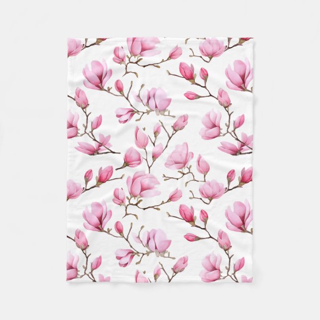 Elegant pink magnolia pattern fleece blanket (Front)