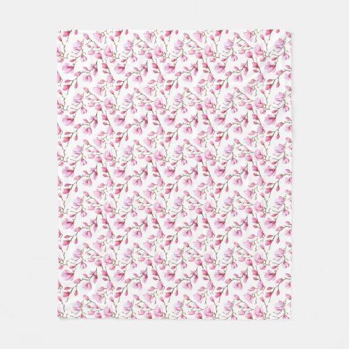 Elegant pink magnolia pattern fleece blanket