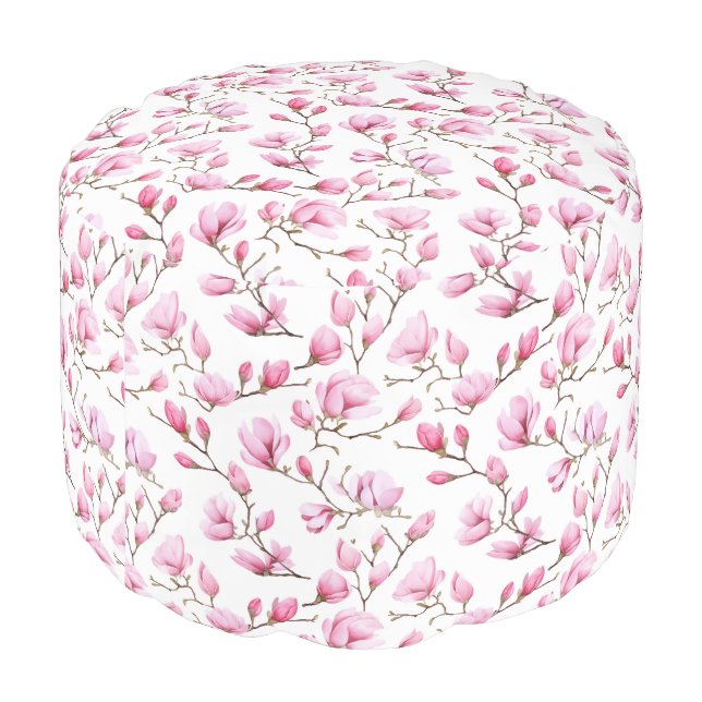 Elegant pink magnolia pattern pouf (Angled Back)