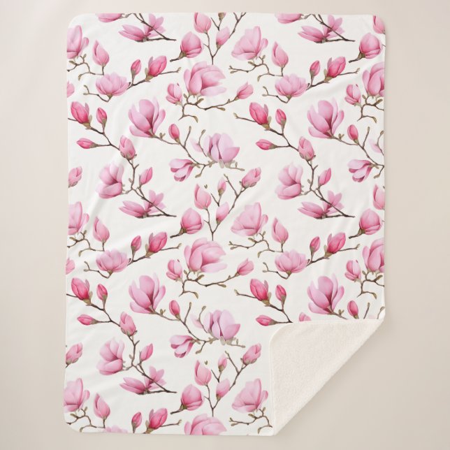Elegant pink magnolia pattern sherpa blanket (Front)