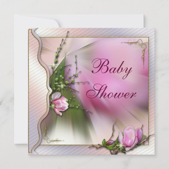 Elegant Pink Magnolia Sparkle Baby Shower Invitation (Front)