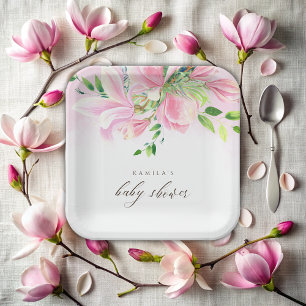 Elegant Pink Magnolia Watercolor Baby Shower Paper Plates