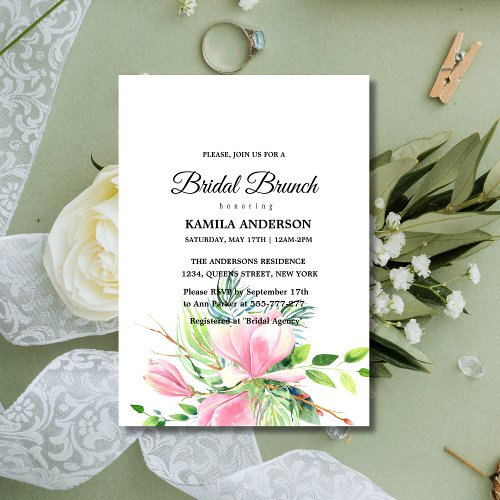 Elegant Pink Magnolia Watercolor Bridal Shower Invitation
