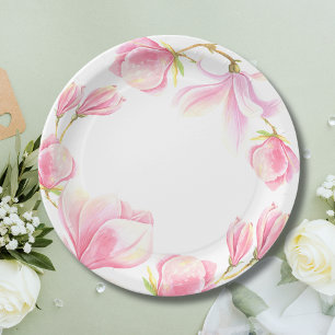 Elegant Pink Magnolia Watercolor Bridal Shower Paper Plates