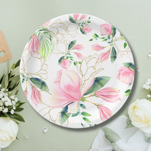 Elegant Pink Magnolia Watercolor Bridal Shower Paper Plates