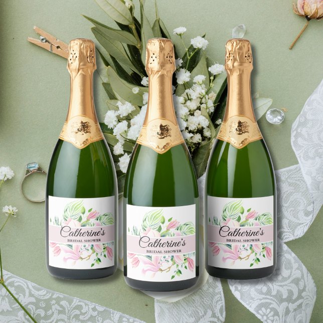 Elegant Pink Magnolia Watercolor Bridal Shower Sparkling Wine Label (Creator Uploaded)