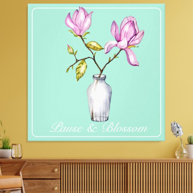 Elegant Pink Magnolia Watercolor Canvas Print (Insitu(LivingRoom))