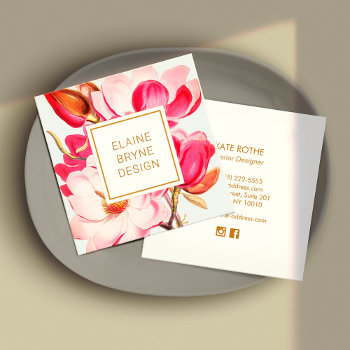 Elegant Pink Magnolia Watercolor Floral Square Bus Square Business Card by sm_business_cards at Zazzle