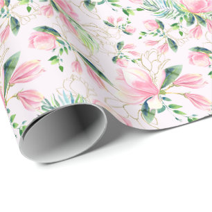 Elegant Pink Magnolia Watercolor Gift Wrapping Paper