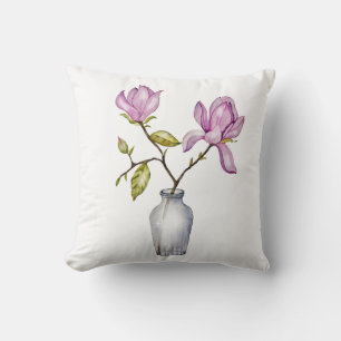Elegant Pink Magnolia Watercolor in Glass Vase Throw Pillow