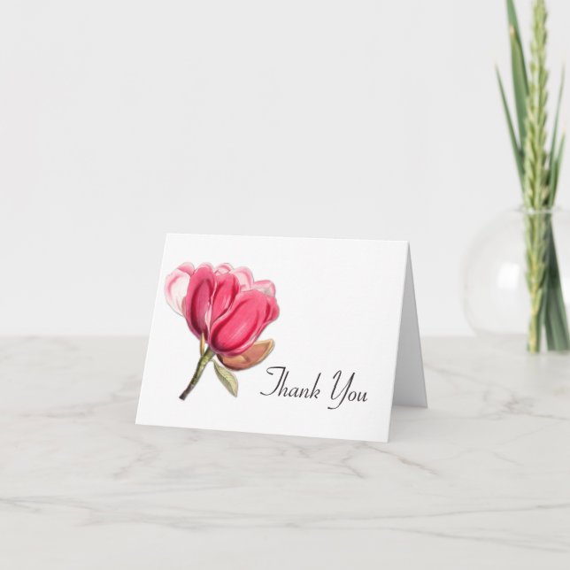 Elegant Pink Magnolia Wedding Thank You Card (Front)