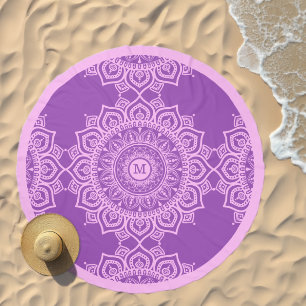 Elegant Pink Mandala Art Pattern Monogram Purple Beach Towel
