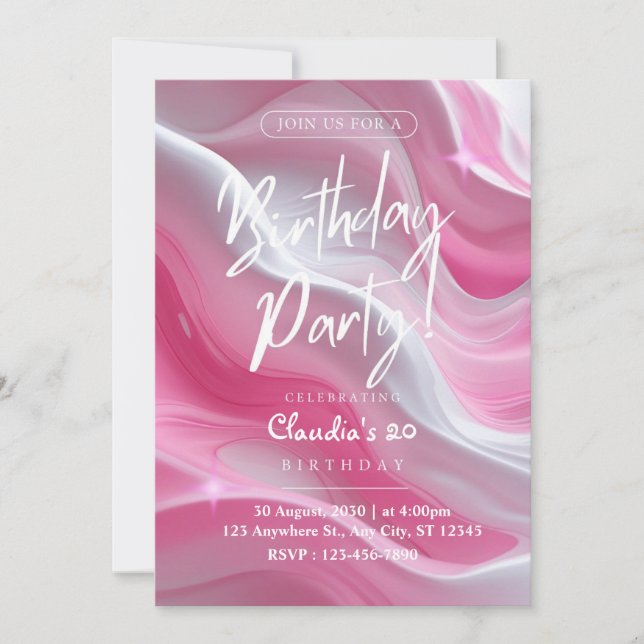 Elegant Pink Marble 20th Birthday Party Invitation (Front)
