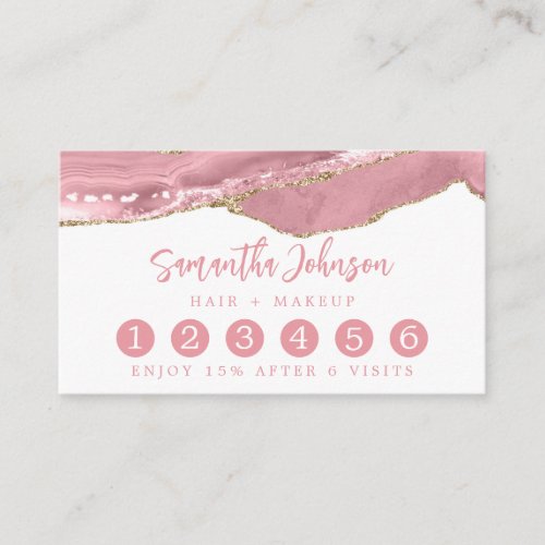 Elegant Pink Marble Agate Watercolor Gold Glitter Loyalty Card